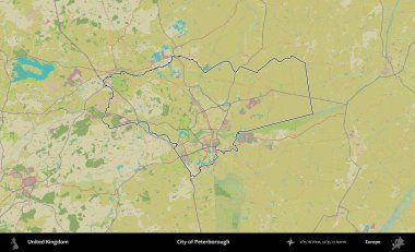 Peterborough şehri. Birleşik Krallık 'ın bir OpenStreetMap İnsani Biçim haritasında özetlenmiş idari alanı