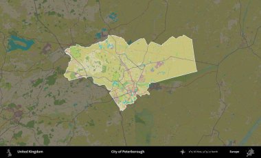 Peterborough şehri. Birleşik Krallık 'ın idari alanı karanlık bir OpenStreetMap İnsani Haritası biçiminde vurgulanmış ve özetlenmiştir