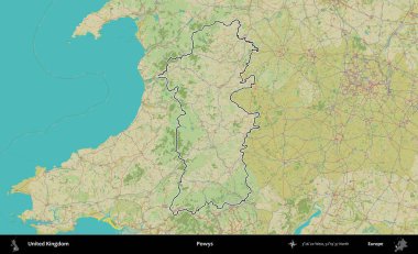 Powys. Birleşik Krallık 'ın bir OpenStreetMap İnsani Biçim haritasında özetlenmiş idari alanı