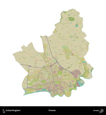 Preston. Birleşik Krallık 'ın idari alanı bir OpenStreetMap İnsani Harita stili haritasında beyaza izole edildi