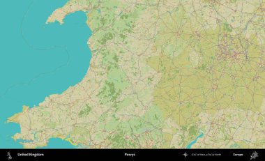 Powys. Birleşik Krallık 'ın idari alanı bir OpenStreetMap İnsani Biçim haritası üzerinde