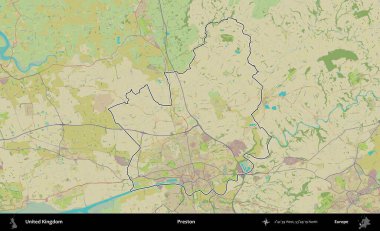Preston. Birleşik Krallık 'ın bir OpenStreetMap İnsani Biçim haritasında özetlenmiş idari alanı