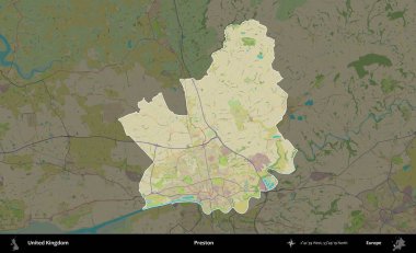 Preston. Birleşik Krallık 'ın idari alanı karanlık bir OpenStreetMap İnsani Haritası biçiminde vurgulanmış ve özetlenmiştir
