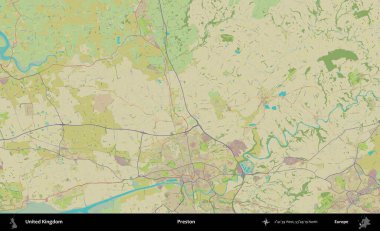 Preston. Birleşik Krallık 'ın idari alanı bir OpenStreetMap İnsani Biçim haritası üzerinde