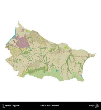 Redcar ve Cleveland. Birleşik Krallık 'ın idari alanı bir OpenStreetMap İnsani Harita stili haritasında beyaza izole edildi