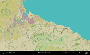 Redcar ve Cleveland. Birleşik Krallık 'ın bir OpenStreetMap İnsani Biçim haritasında özetlenmiş idari alanı