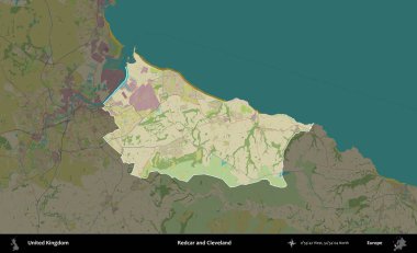 Redcar ve Cleveland. Birleşik Krallık 'ın idari alanı karanlık bir OpenStreetMap İnsani Haritası biçiminde vurgulanmış ve özetlenmiştir