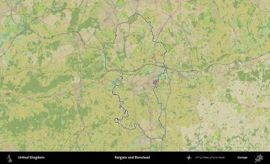Reigate ve Banstead. Birleşik Krallık 'ın bir OpenStreetMap İnsani Biçim haritasında özetlenmiş idari alanı