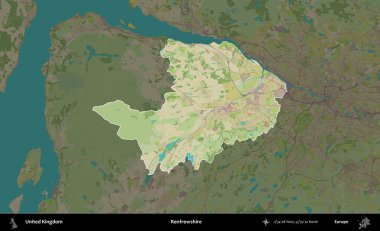 Renfrewshire 'da. Birleşik Krallık 'ın idari alanı karanlık bir OpenStreetMap İnsani Haritası biçiminde vurgulanmış ve özetlenmiştir