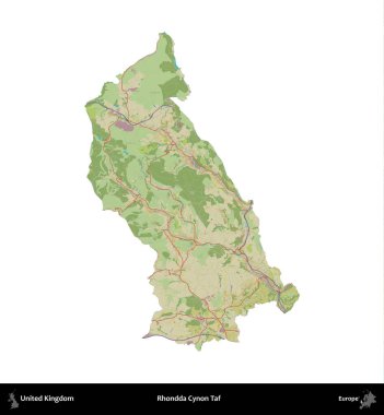 Rhondda Cynon Taf. Birleşik Krallık 'ın idari alanı bir OpenStreetMap İnsani Harita stili haritasında beyaza izole edildi
