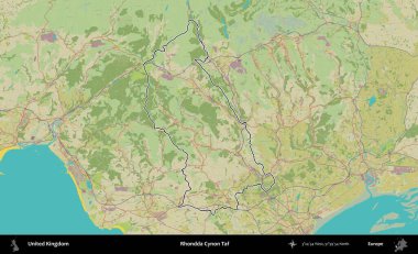 Rhondda Cynon Taf. Birleşik Krallık 'ın bir OpenStreetMap İnsani Biçim haritasında özetlenmiş idari alanı