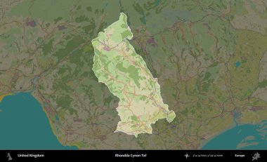 Rhondda Cynon Taf. Birleşik Krallık 'ın idari alanı karanlık bir OpenStreetMap İnsani Haritası biçiminde vurgulanmış ve özetlenmiştir