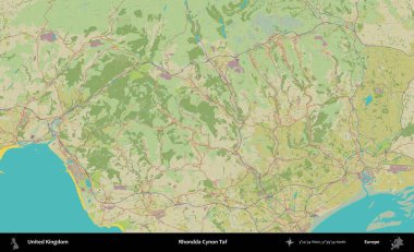 Rhondda Cynon Taf. Birleşik Krallık 'ın idari alanı bir OpenStreetMap İnsani Biçim haritası üzerinde