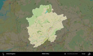 Ribble Vadisi. Birleşik Krallık 'ın idari alanı karanlık bir OpenStreetMap İnsani Haritası biçiminde vurgulanmış ve özetlenmiştir
