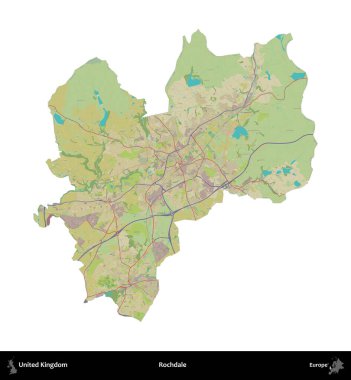 Rochdale 'de. Birleşik Krallık 'ın idari alanı bir OpenStreetMap İnsani Harita stili haritasında beyaza izole edildi