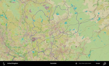 Rochdale 'de. Birleşik Krallık 'ın bir OpenStreetMap İnsani Biçim haritasında özetlenmiş idari alanı