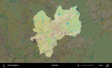 Rochdale 'de. Birleşik Krallık 'ın idari alanı karanlık bir OpenStreetMap İnsani Haritası biçiminde vurgulanmış ve özetlenmiştir