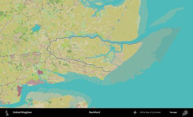 Rochford. Birleşik Krallık 'ın bir OpenStreetMap İnsani Biçim haritasında özetlenmiş idari alanı