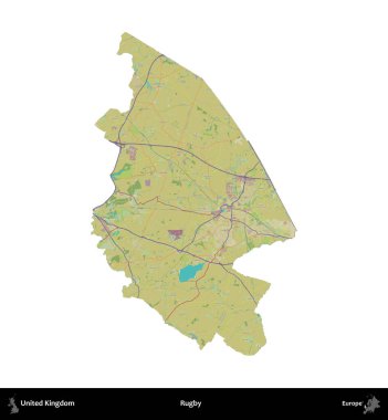 Ragbi. Birleşik Krallık 'ın idari alanı bir OpenStreetMap İnsani Harita stili haritasında beyaza izole edildi