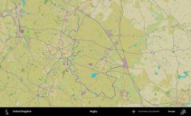 Ragbi. Birleşik Krallık 'ın bir OpenStreetMap İnsani Biçim haritasında özetlenmiş idari alanı
