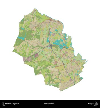 Runnymede. Birleşik Krallık 'ın idari alanı bir OpenStreetMap İnsani Harita stili haritasında beyaza izole edildi