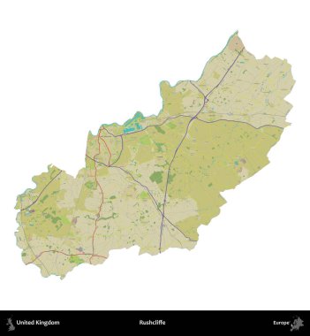 Rushcliffe. Birleşik Krallık 'ın idari alanı bir OpenStreetMap İnsani Harita stili haritasında beyaza izole edildi