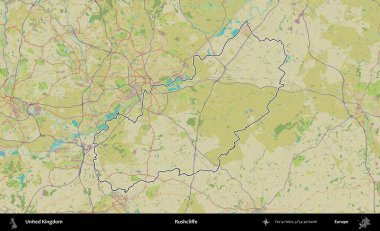 Rushcliffe. Birleşik Krallık 'ın bir OpenStreetMap İnsani Biçim haritasında özetlenmiş idari alanı