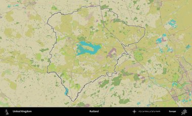 Rutland. Birleşik Krallık 'ın bir OpenStreetMap İnsani Biçim haritasında özetlenmiş idari alanı