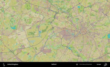 Salford. Birleşik Krallık 'ın bir OpenStreetMap İnsani Biçim haritasında özetlenmiş idari alanı