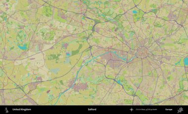 Salford. Birleşik Krallık 'ın idari alanı bir OpenStreetMap İnsani Biçim haritası üzerinde
