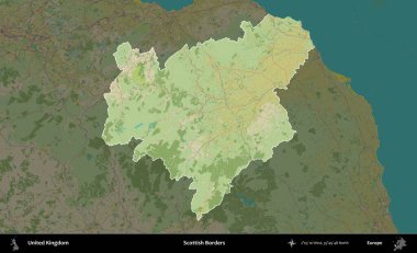 İskoç Sınırı. Birleşik Krallık 'ın idari alanı karanlık bir OpenStreetMap İnsani Haritası biçiminde vurgulanmış ve özetlenmiştir