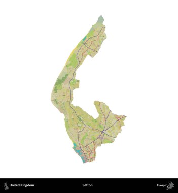 Sefton. Birleşik Krallık 'ın idari alanı bir OpenStreetMap İnsani Harita stili haritasında beyaza izole edildi