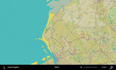 Sefton. Birleşik Krallık 'ın bir OpenStreetMap İnsani Biçim haritasında özetlenmiş idari alanı