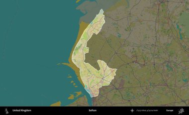 Sefton. Birleşik Krallık 'ın idari alanı karanlık bir OpenStreetMap İnsani Haritası biçiminde vurgulanmış ve özetlenmiştir