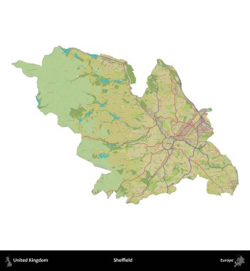 Sheffield. Birleşik Krallık 'ın idari alanı bir OpenStreetMap İnsani Harita stili haritasında beyaza izole edildi