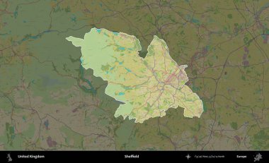 Sheffield. Birleşik Krallık 'ın idari alanı karanlık bir OpenStreetMap İnsani Haritası biçiminde vurgulanmış ve özetlenmiştir