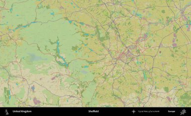 Sheffield. Birleşik Krallık 'ın idari alanı bir OpenStreetMap İnsani Biçim haritası üzerinde