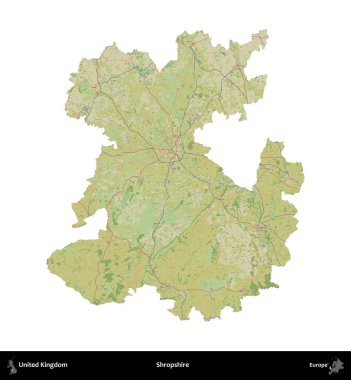 Shropshire 'da. Birleşik Krallık 'ın idari alanı bir OpenStreetMap İnsani Harita stili haritasında beyaza izole edildi