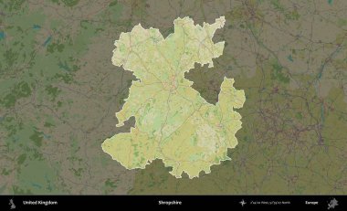 Shropshire 'da. Birleşik Krallık 'ın idari alanı karanlık bir OpenStreetMap İnsani Haritası biçiminde vurgulanmış ve özetlenmiştir