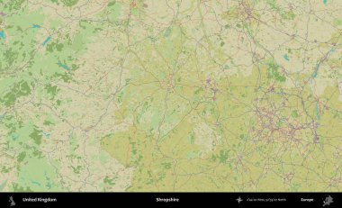 Shropshire 'da. Birleşik Krallık 'ın idari alanı bir OpenStreetMap İnsani Biçim haritası üzerinde
