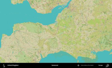 Somerset. Birleşik Krallık 'ın idari alanı bir OpenStreetMap İnsani Biçim haritası üzerinde