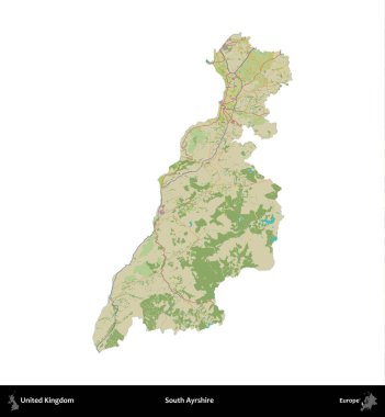 Güney Ayrshire. Birleşik Krallık 'ın idari alanı bir OpenStreetMap İnsani Harita stili haritasında beyaza izole edildi