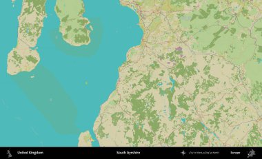 Güney Ayrshire. Birleşik Krallık 'ın idari alanı bir OpenStreetMap İnsani Biçim haritası üzerinde
