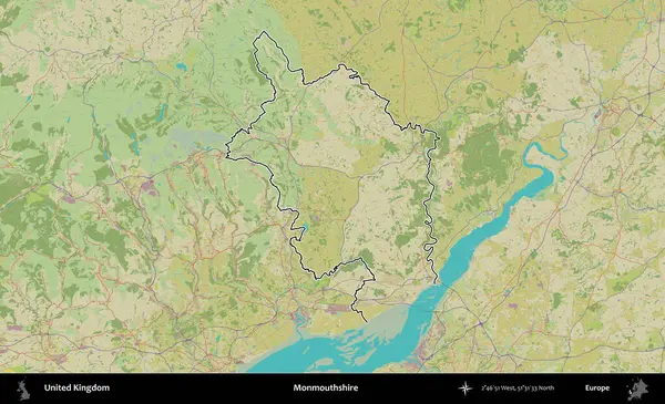 Monmouthshire 'da. Birleşik Krallık 'ın bir OpenStreetMap İnsani Biçim haritasında özetlenmiş idari alanı