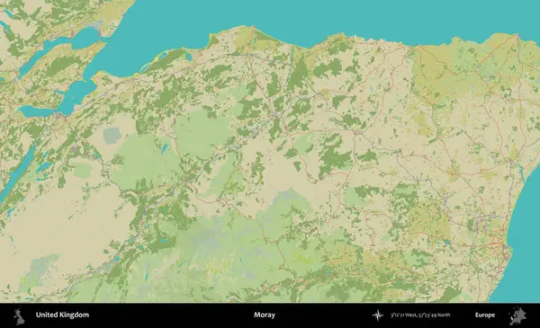 - Moray. Birleşik Krallık 'ın idari alanı bir OpenStreetMap İnsani Biçim haritası üzerinde