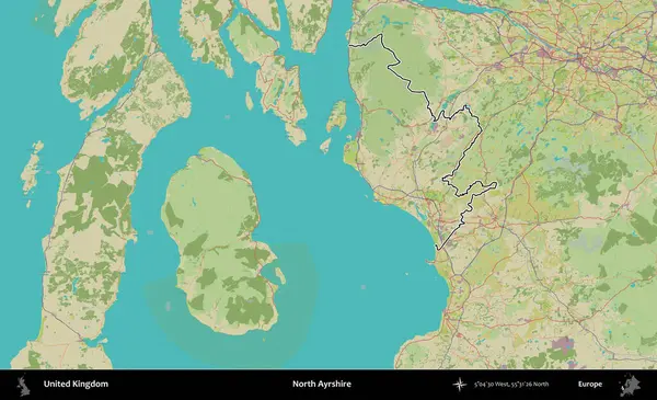 Kuzey Ayrshire. Birleşik Krallık 'ın bir OpenStreetMap İnsani Biçim haritasında özetlenmiş idari alanı