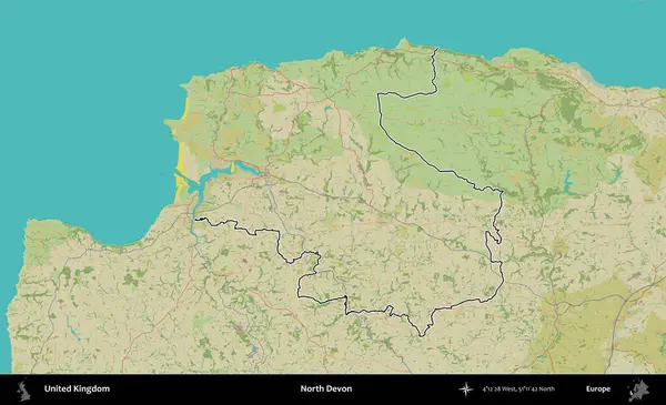 Kuzey Devon. Birleşik Krallık 'ın bir OpenStreetMap İnsani Biçim haritasında özetlenmiş idari alanı