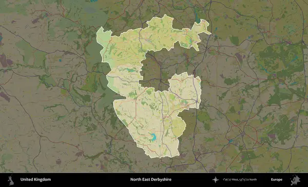 Kuzey Doğu Derbyshire. Birleşik Krallık 'ın idari alanı karanlık bir OpenStreetMap İnsani Haritası biçiminde vurgulanmış ve özetlenmiştir