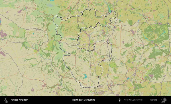 Kuzey Doğu Derbyshire. Birleşik Krallık 'ın bir OpenStreetMap İnsani Biçim haritasında özetlenmiş idari alanı