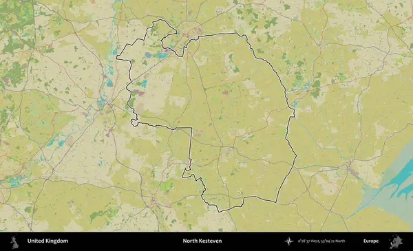 Kuzey Kesteven. Birleşik Krallık 'ın bir OpenStreetMap İnsani Biçim haritasında özetlenmiş idari alanı